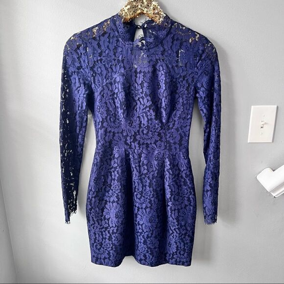Sz XS Keepsake Run the World Navy Blue Long Sleeve Lace Dress - Picture 4 of 14